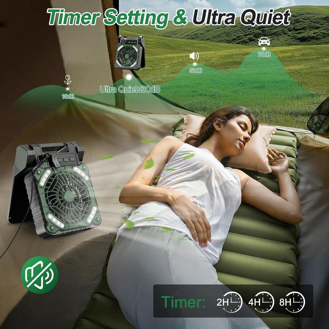 Camping Ventilator mit Akku 10400mAh, Solar Ventilator Outdoor mit LED-Licht, 4 Geschwindigkeiten Tr