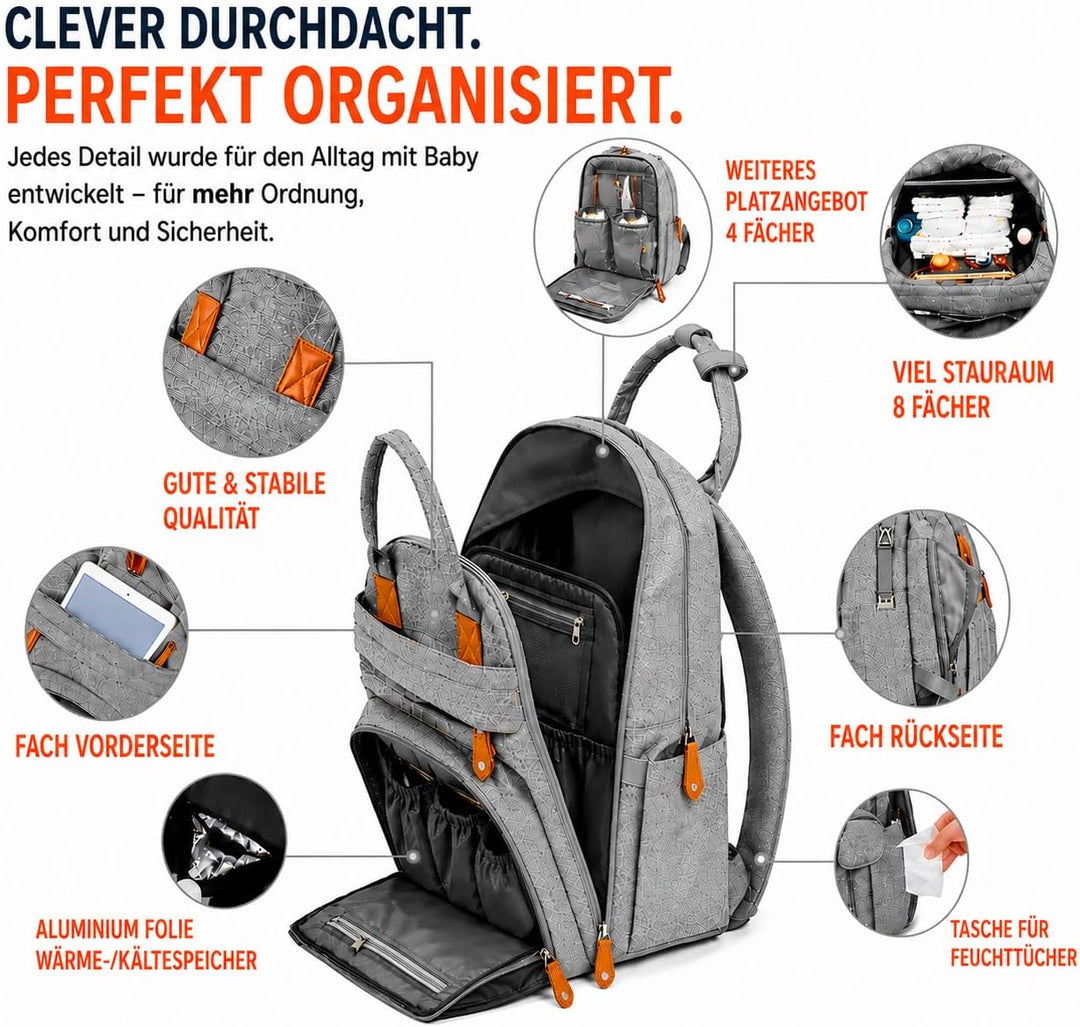 Wickeltasche Baby Wickelrucksack mit Wickelunterlage &amp; Kinderwagenbefestigung, grosser wasserabweise