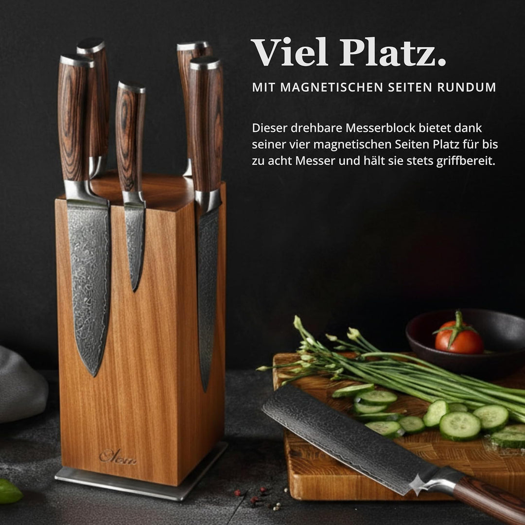 Maestro Messerblock magnetisch 360° drehbar Messerhalter aus massivem Akazienholz mit Edelstahlbasis