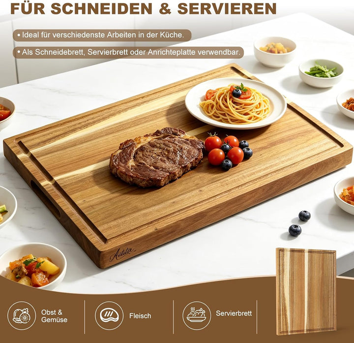 Schneidebrett Holz 43×33×2,5 cm aus massivem Akazienholz Küchenbrett | Saftrille hält Flüssigkeit zu