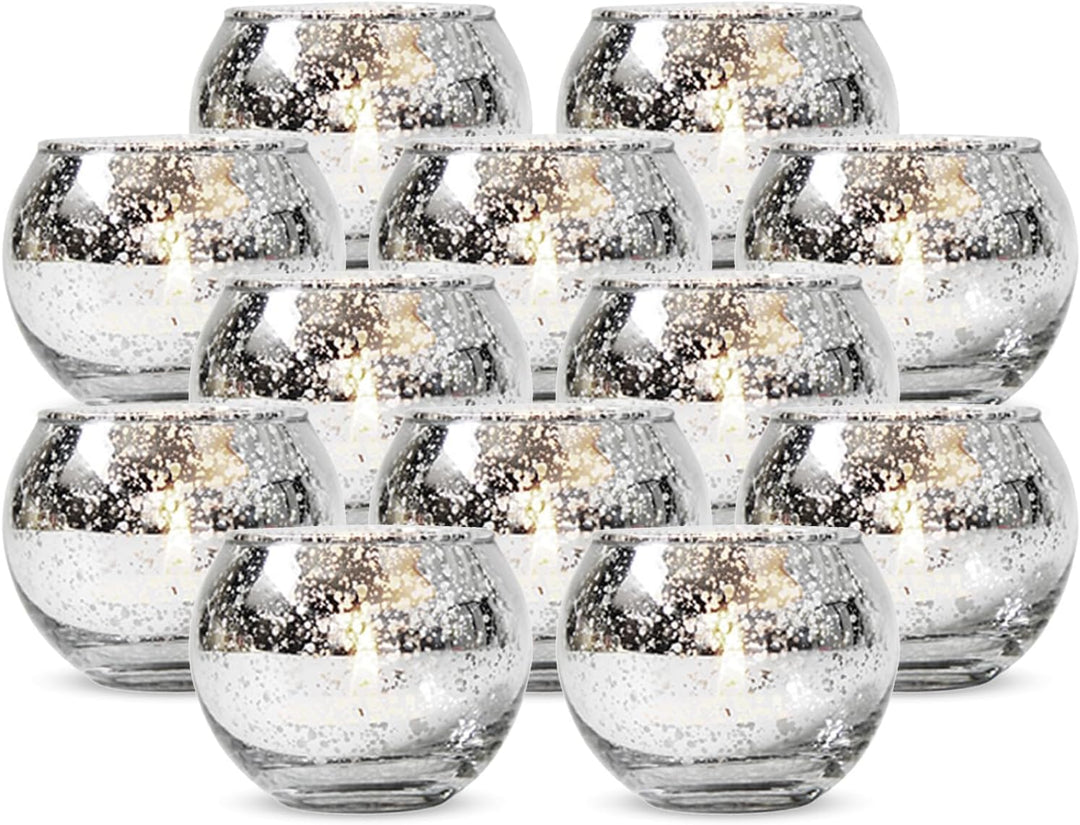 12 Stück Runde Quecksilber Votive Kerzenhalter - Aus Quecksilberglas Mit Einem Gesprenkelten Silber