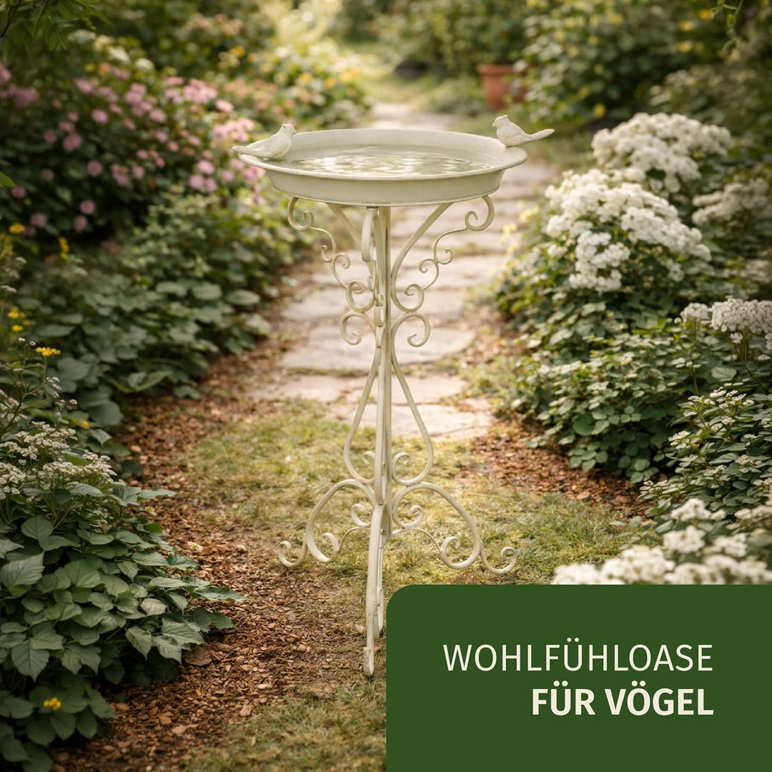 Moritz Vogeltränke Vogelbad weiss mit Zwei kleinen Vögeln auf der Wasserschale Höhe 74cm stehend Vog
