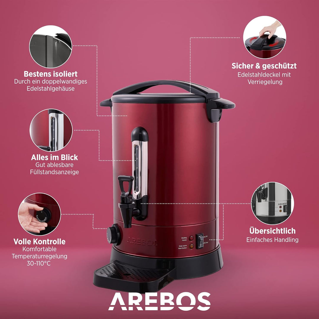 Arebos Glühweinkocher 950 W | Heissgetränkespender | 6,8 L | mit Auffangschale, Auslasshahn, Thermos