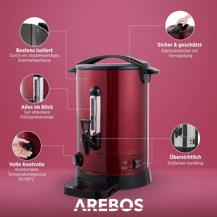 Arebos Glühweinkocher 950 W | Heissgetränkespender | 6,8 L | mit Auffangschale, Auslasshahn, Thermos