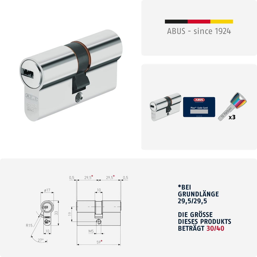 ABUS Profilzylinder XP20SN 30/40 inklusive Sicherungskarte & 3 Schlüsseln, 73717 Nickel, 30/40