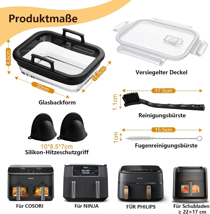 Glas-Auflaufform Airfryer mit Deckel, BPA-frei Glasform für Airfryer mit Abnehmbaren Silikongriffen,