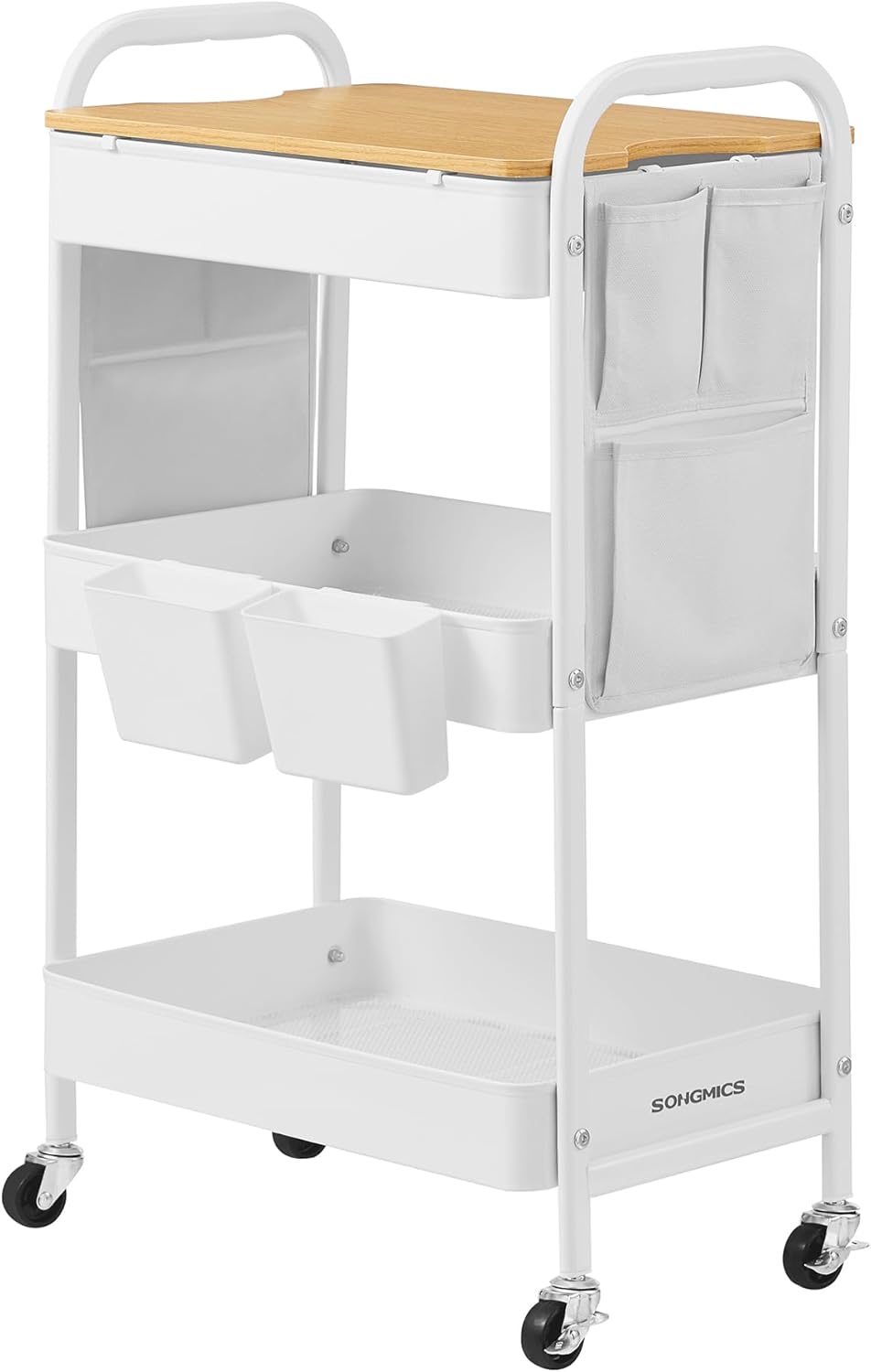 SONGMICS Rollwagen, Küchenwagen, 3 Metallgitterablagen, Servierwagen, 2 abnehmbare Hängebehälter, 2