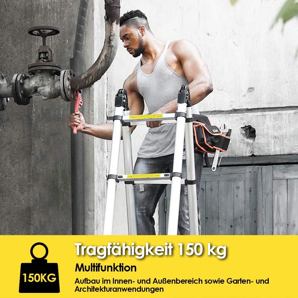 Eulenke 3,8M Teleskopleiter - Rutschfester Multifunktionsleiter 150 kg Belastbarkeit - Aluleiter Hau