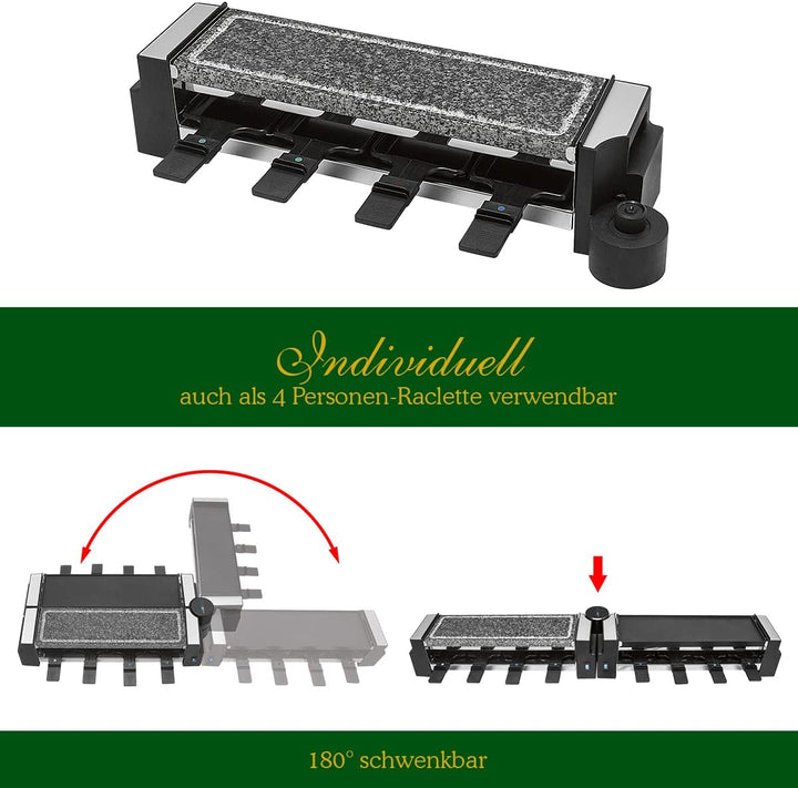 Clatronic RG 3678, 2in1 Raclette-Grill, Naturgrillstein &amp; Wendegussplatte, 180°-Drehgelenk, 8 Pfännc