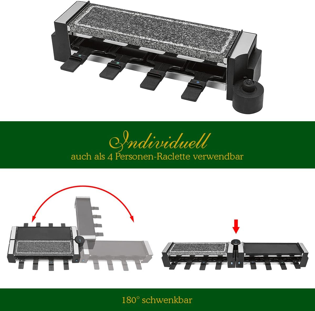 Clatronic RG 3678, 2in1 Raclette-Grill, Naturgrillstein & Wendegussplatte, 180°-Drehgelenk, 8 Pfännc