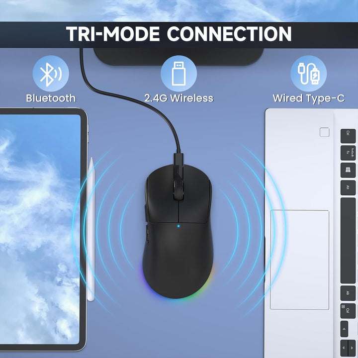 A.JAZZ NJ08 Tri-Mode Kabellose Gaming Maus, 1000Hz 70g Leicht, PC Mouse Mittel-Gross Ergonomisch, 12