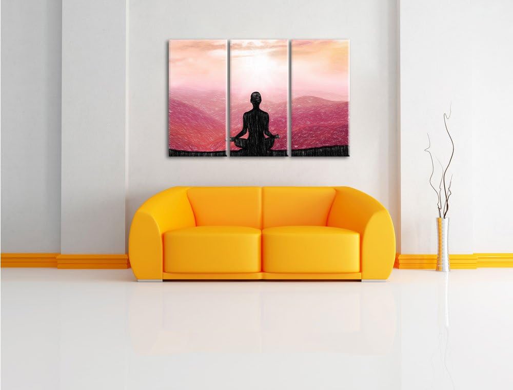 Pixxprint Meditierender Mensch in den Bergen Kunst Buntstift Effekt 3-Teiler Leinwandbild 120x80 Bil