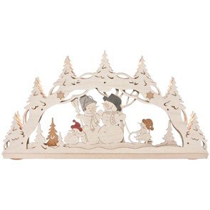 Erzwelt Original Erzgebirge 3D Schwibbogen Schneemannfamilie im Wald 7 Kerzen Lichterbogen, Holz, Be