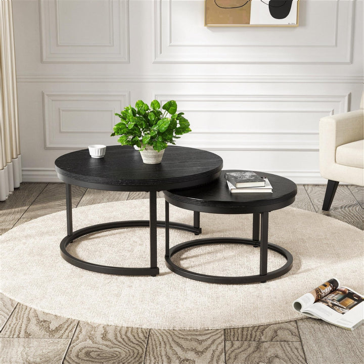 2 Stücke Beistelltisch Set rund, Couchtisch aus Holz mit Metallrahmen,Moderne Kaffeetische Satztisch