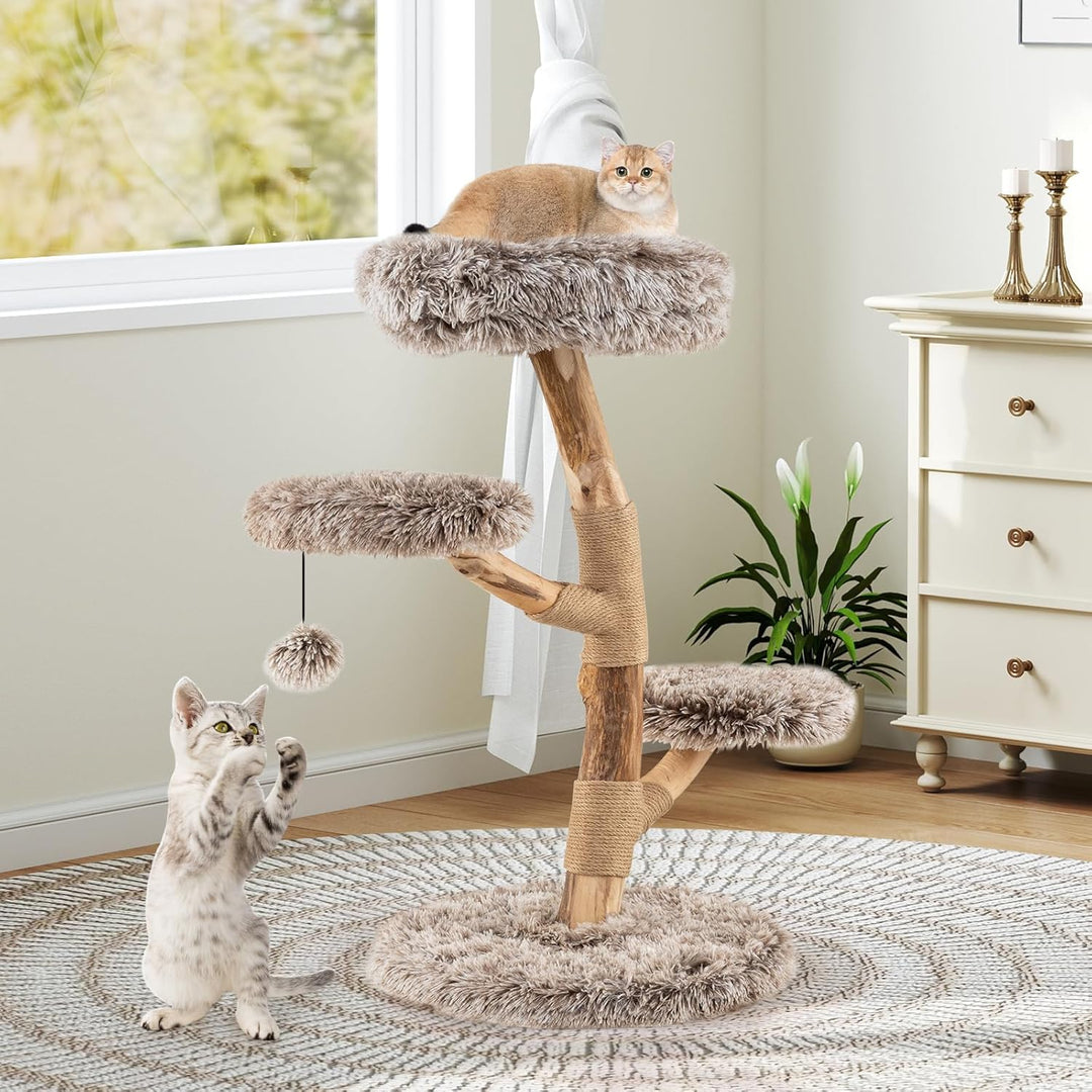COSTWAY 90cm Kratzbaum Holz, Katzenbaum mit Kratzpfosten aus Massivholz und Jute, 4 Plüschsitzfläche
