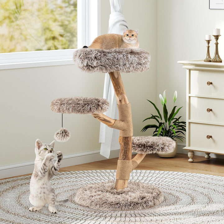 COSTWAY 90cm Kratzbaum Holz, Katzenbaum mit Kratzpfosten aus Massivholz und Jute, 4 Plüschsitzfläche