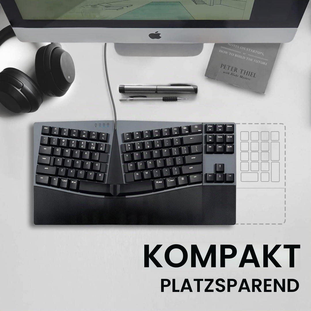 Perixx PERIBOARD335BL Kabelgebundene ergonomische mechanische kompakte Tastatur – Flache Blaue Klick
