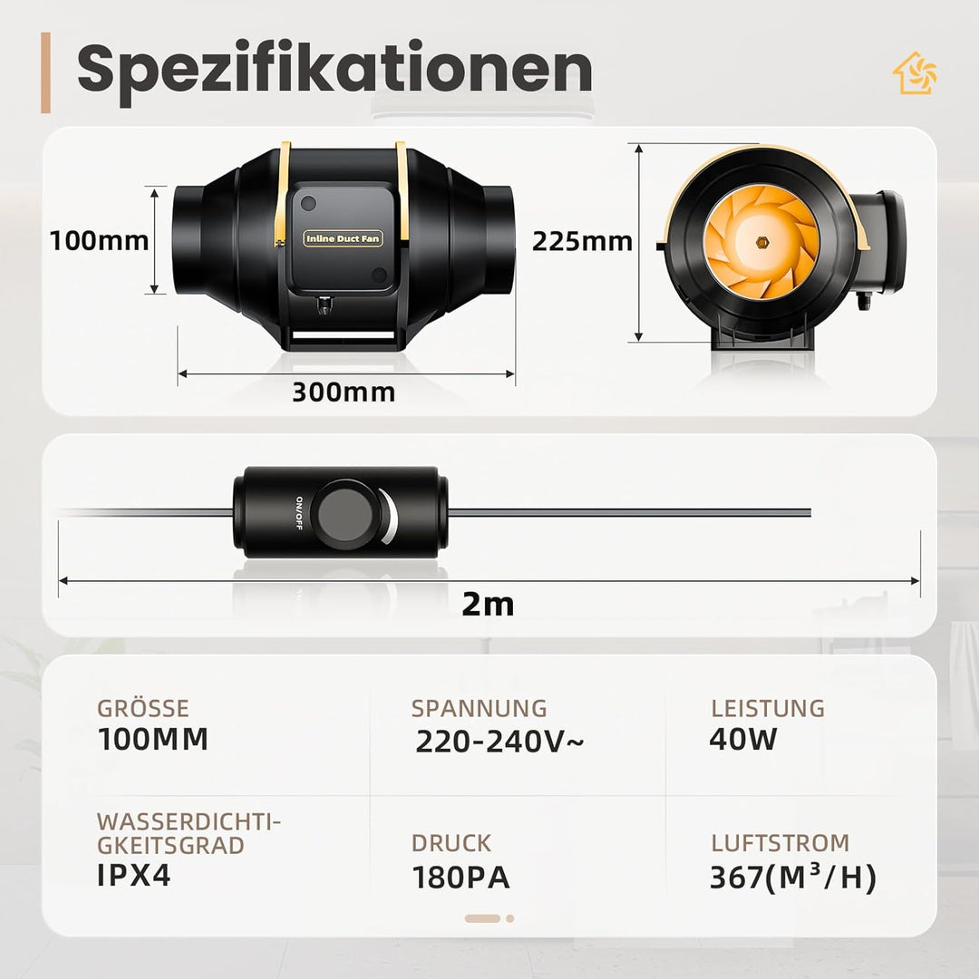 Rohrventilator 100 mm, Leise und Regelbar, Leistungsstark und Sparsam, Luftstrom 367 m³/h, Drehzahlr