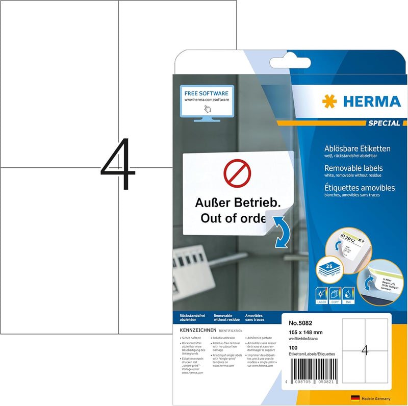 HERMA 5082 Universal Etiketten ablösbar, 800 Blatt, 105 x 148 mm, 4 Stück pro A4 Bogen, 3200 Aufkleb