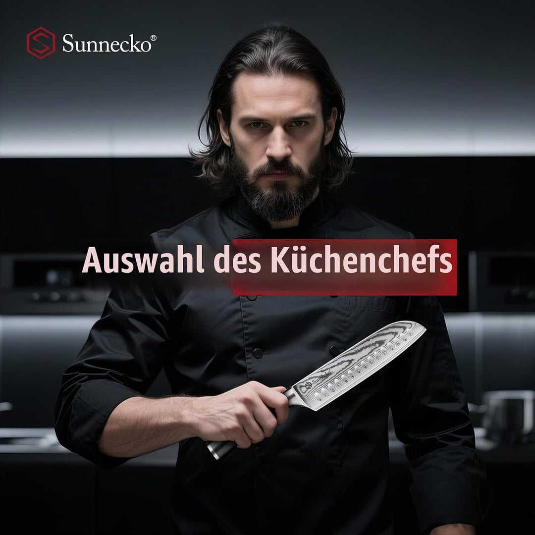 Sunnecko Santoku Messer Damastmesser 17cm, Hochwertiges Küchenmesser aus VG-10 Stahl, Fleischmesser
