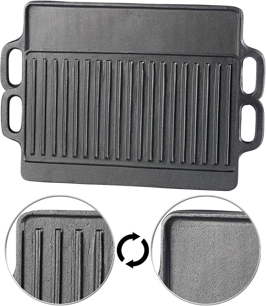 Rosenstein & Söhne Grillplatte: 2er-Set gusseiserne Wende-Platten für Grill, Ofen und Herd, 46 x 23