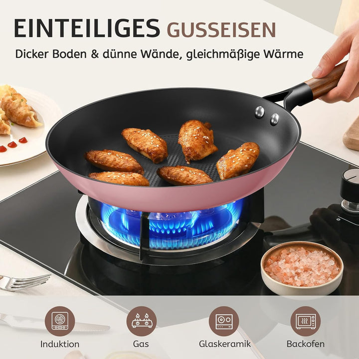 YUTANN Gusseisenpfanne, Antihaft-Bratpfanne, Frying Pan, Abnehmbarer Holzgriff, PFAS-Frei/PFOA-Frei,