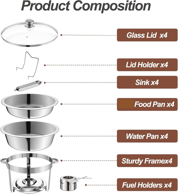 NArra 4er-Pack rundes 6L-Chafing-Dish-Buffet-Set, Speisenwärmer mit Glasabdeckung, Buffetwärmer, Buf