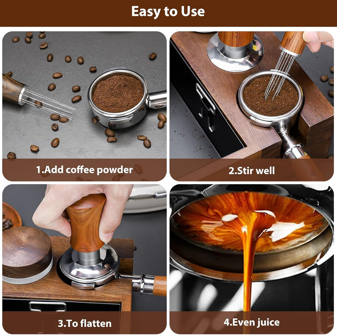Premium Espresso Tamper mit Base Ripple 51mm - Kaffeestampfer aus Edelstahl mit formschönem Walnuss-
