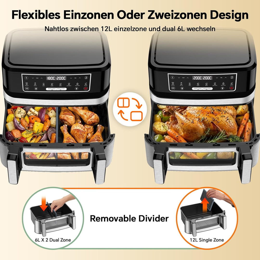 Heissluftfritteuse 12L | Air Fryer XXL Variabel für Einzel und Zweikammer, 2600W Doppel-Heizelement