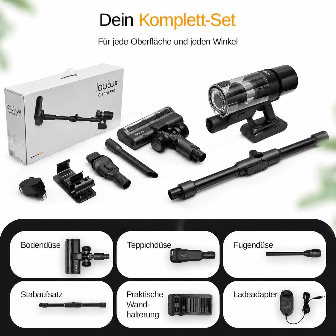 Clenza Pro Nachtschwarz – Kabelloser Akku-Staubsauger 38 kPa mit 3 Saugmodi, bis 100 Min Laufzeit, H