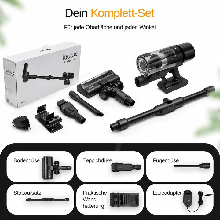 Clenza Pro Nachtschwarz – Kabelloser Akku-Staubsauger 38 kPa mit 3 Saugmodi, bis 100 Min Laufzeit, H