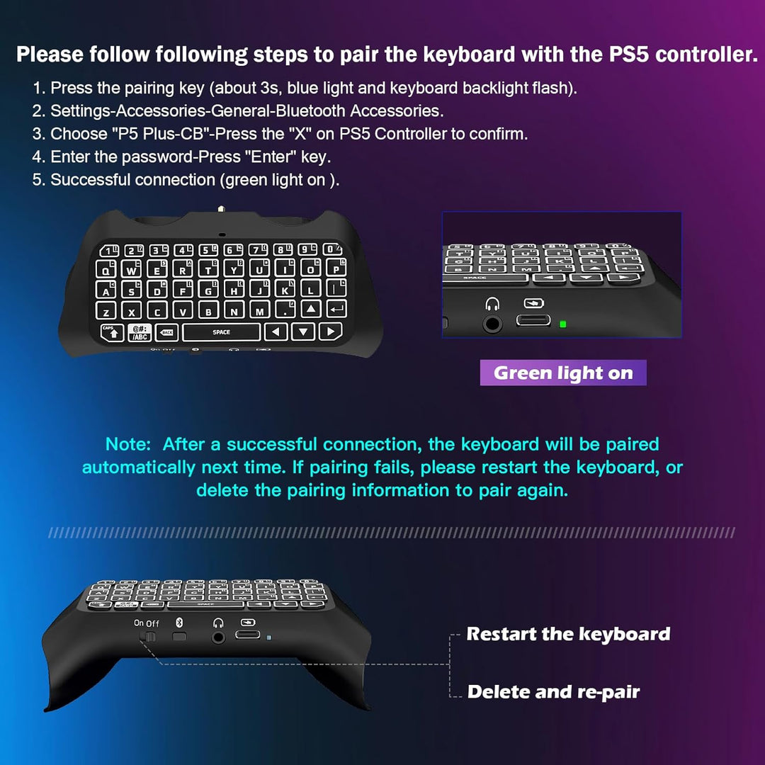 TiMOVO Mehrfarbig RGB-Hintergrundbeleuchtung Tastatur für PS5 Controller, Drahtlos Bluetooth Tastatu