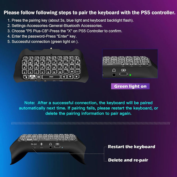 TiMOVO Mehrfarbig RGB-Hintergrundbeleuchtung Tastatur für PS5 Controller, Drahtlos Bluetooth Tastatu