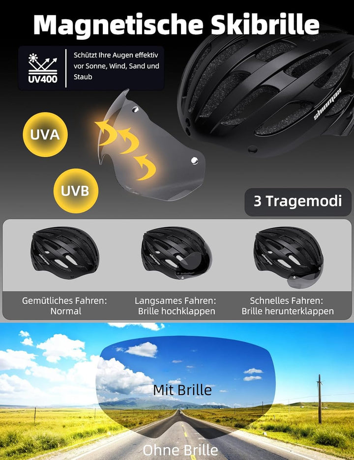 Shinmax Fahrradhelm Herren Damen mit Visier, Magnetischer Abnehmbarer Schutzbrille und USB-Aufladung