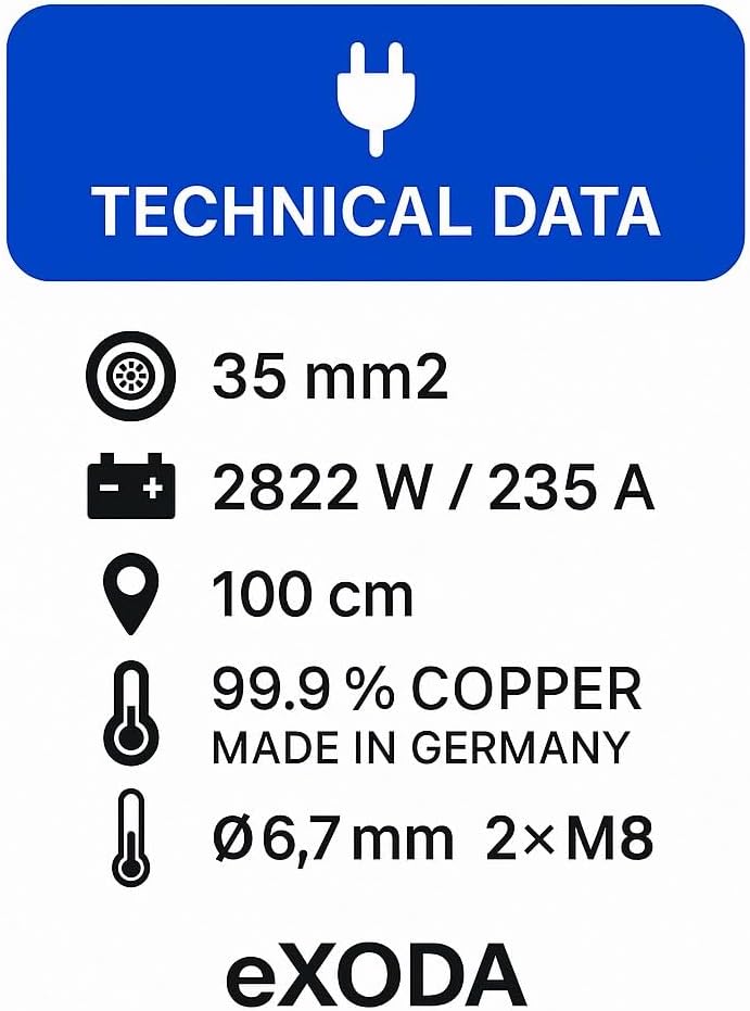 eXODA Batteriekabel 35 mm² 100cm mit M8 Kabelschuhen Rot hohe Flexibilität und Verarbeitungsqualität