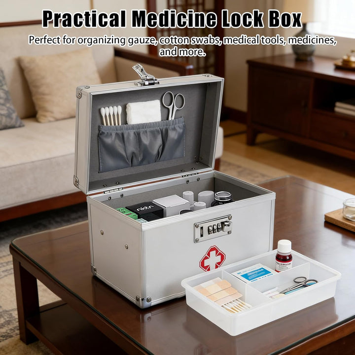 Abschliessbare Medikamentenbox, Portable Erste-Hilfe Koffer, 24.5 x 14 x 16cm, Aufbewahrungsbox, Alu