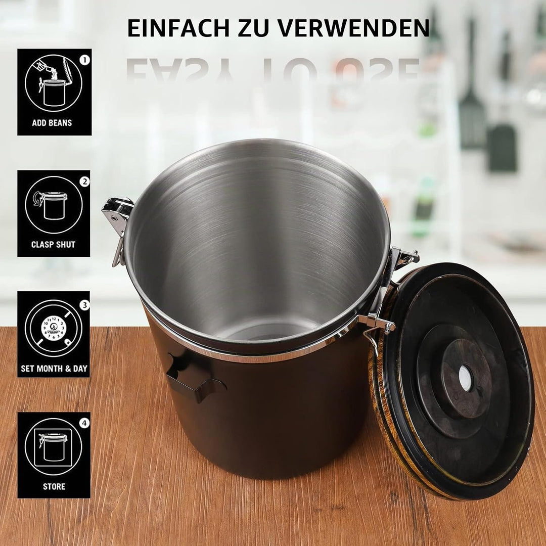 Dreamhigh® Kaffeedose Luftdicht 1kg Bohnen - Kaffeebehälter aus Edelstahl mit Messlöffel, Deckel aus