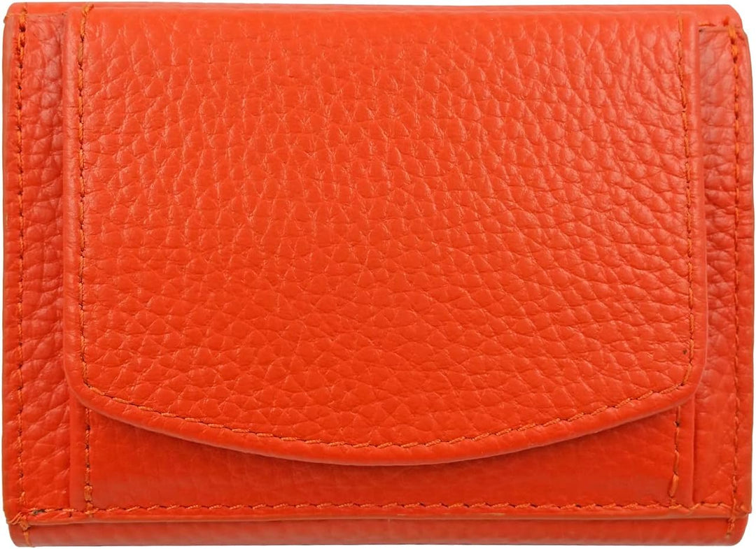 Mini Geldbeutel Damen, Reise Geldbörse, klein viele Fächer, Leder orange, RFID Blocker Münzfach gros