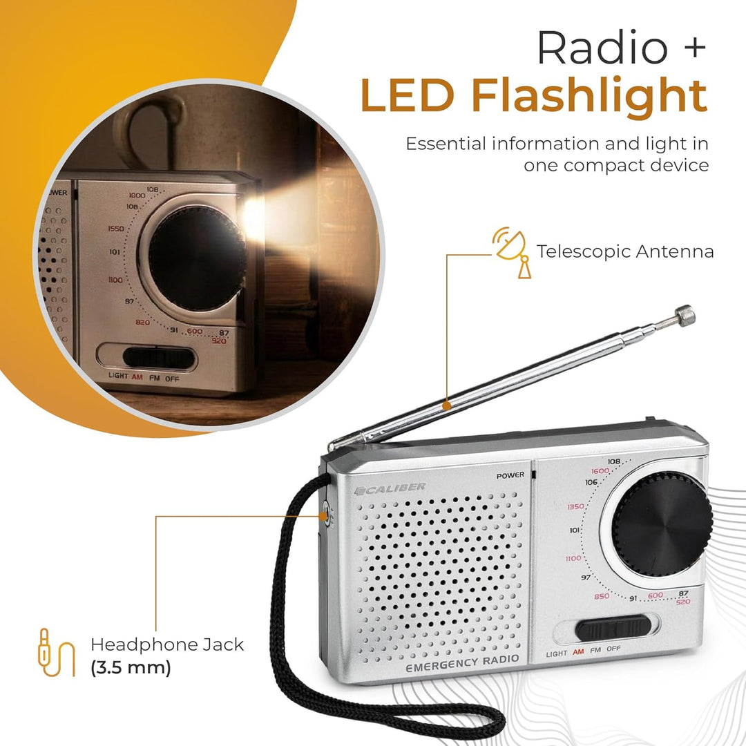 Caliber FM/AM Radio Batteriebetrieben mit Taschenlampe - Notfall Kit - Tragbares Radio - Kopfhöreran