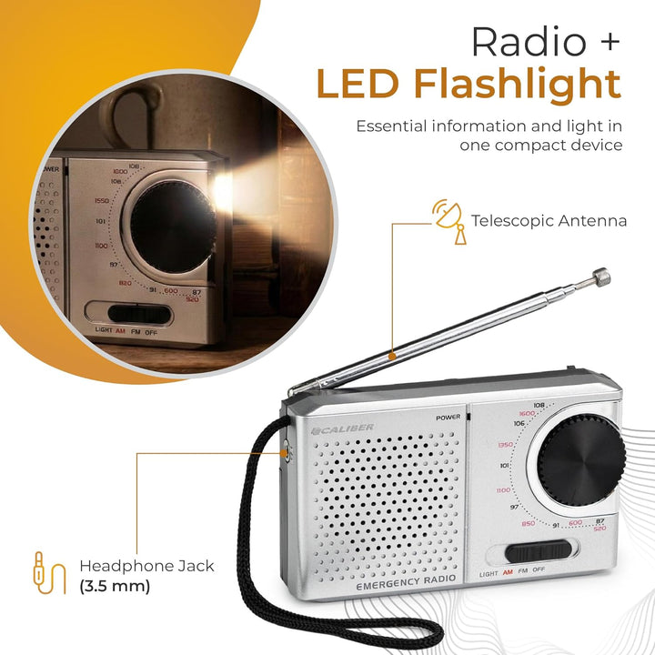 Caliber FM/AM Radio Batteriebetrieben mit Taschenlampe - Notfall Kit - Tragbares Radio - Kopfhöreran