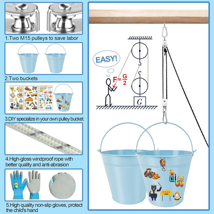 TZEKING Flaschenzug Kinder,Flaschenzug mit 2 Metalleimer,Riemenscheibe mit Eimerkabel,Zubehör fürs B