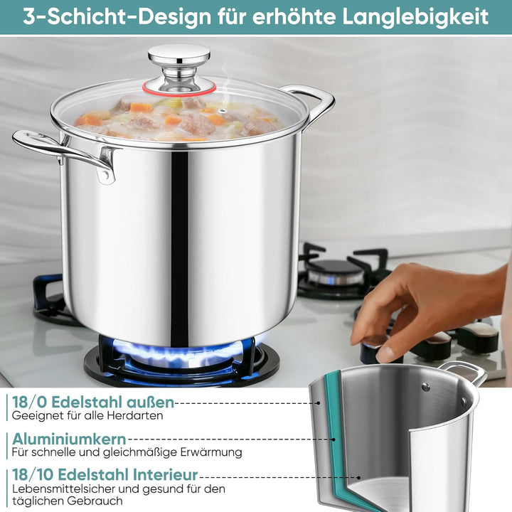Kochtopf Gross 9,4 L, Onader 3-Lagen Edeastahl Topf Induktion, Kochtöpfe Nudeltopf Suppentopf mit Gl