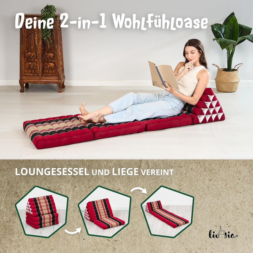 livasia Thaikissen 3 Auflagen extrahoch - 185x55x8cm - Dreieckskissen mit Klappmatratze, Kapok, Jumb