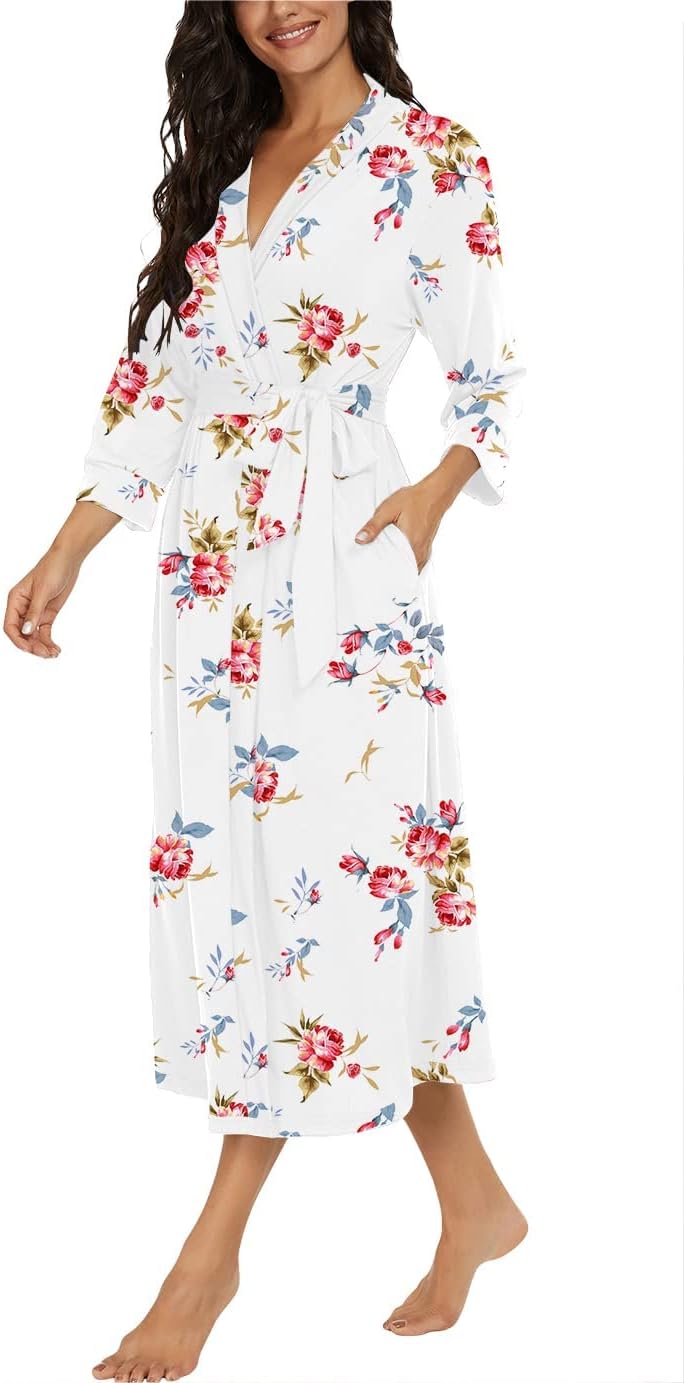 PrinStory Damen Bademantel Leichter 3/4 Ärmeln Morgenmantel V-Ausschnitt Kimono Roben Langes Nachtwä