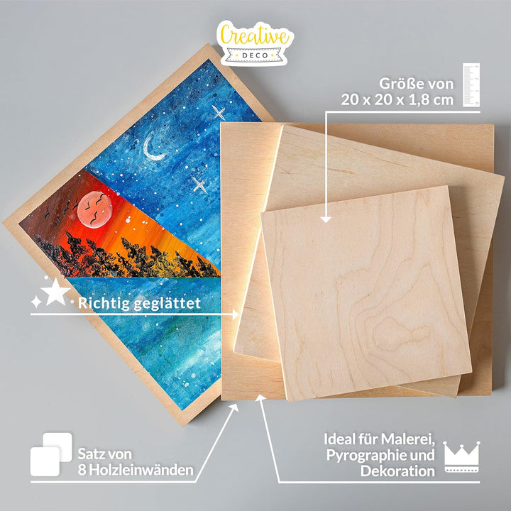 Creative Deco Holz Leinwand zum Bemalen 20 x 20 cm 8er Pack | Set von Holz-Malgründe | 1,7 cm Dicke