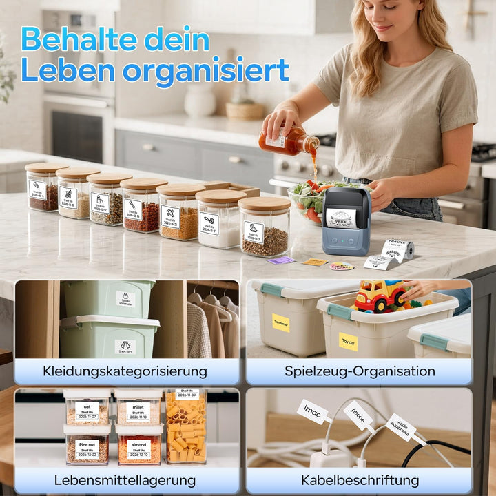Memoking Etikettendrucker Bluetooth, Tragbarer Etikettendrucker Selbstklebend mit 2000 Symbolen und