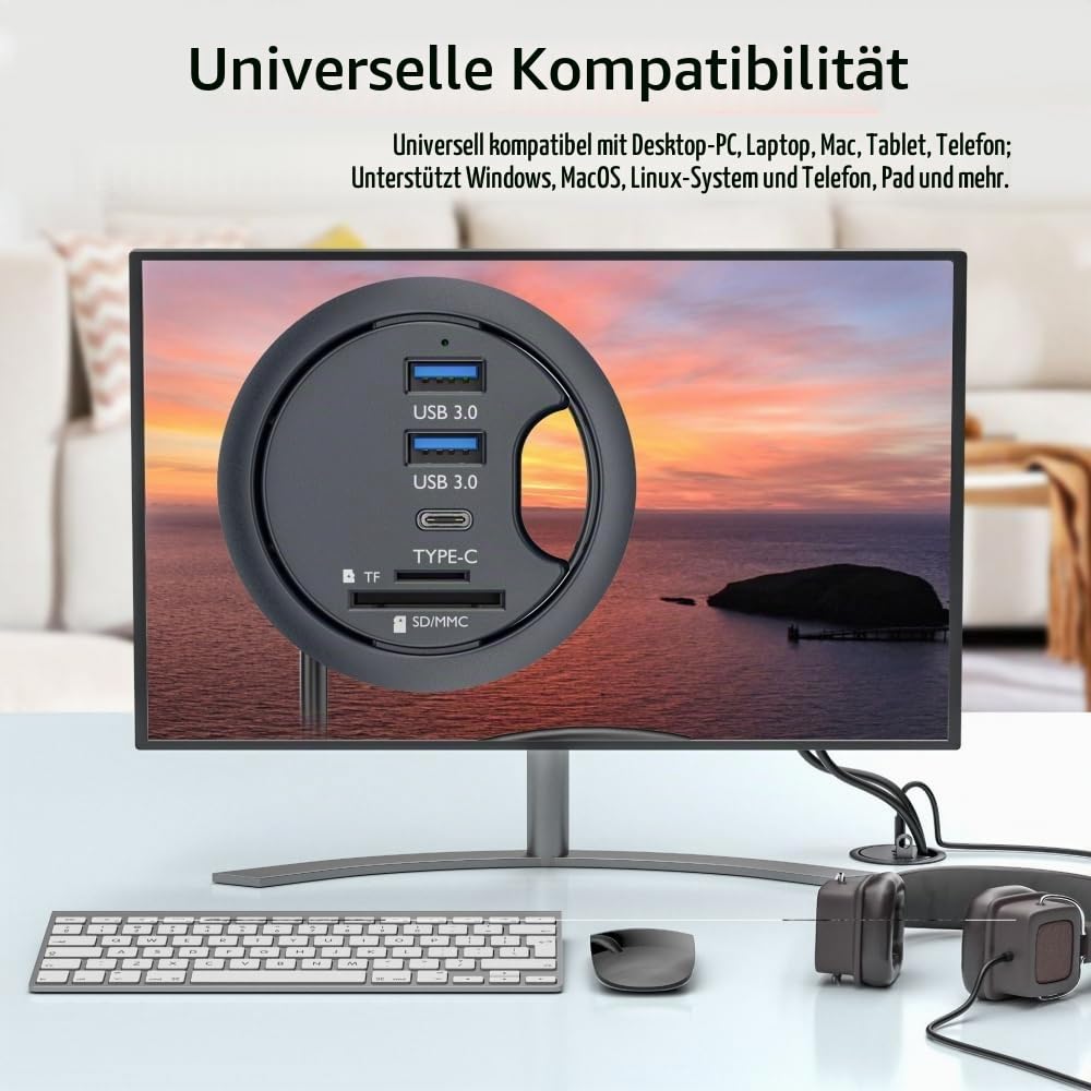 CY USB 3.0 Hub SD TF USB-C 2 Port USB 60mm Schreibtischtülle Splitter Dockstation Micro-SD-Kartenles