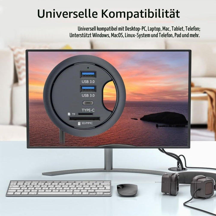 CY USB 3.0 Hub SD TF USB-C 2 Port USB 60mm Schreibtischtülle Splitter Dockstation Micro-SD-Kartenles