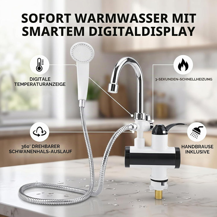 Sofortiger Heiss- und Kaltwasserspender, Heizungshahn, Temperaturanzeige, 360° Drehbar, mit Duschkop