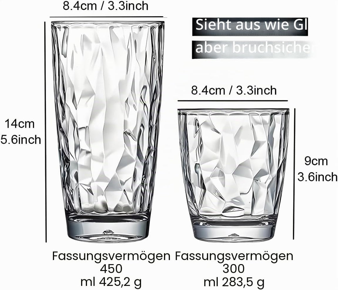 VeiledGem [aussehen wie Glas] 450 ml Set mit 6 Kunststoff-Trinkgläsern, spülmaschinenfest, BPA-frei,